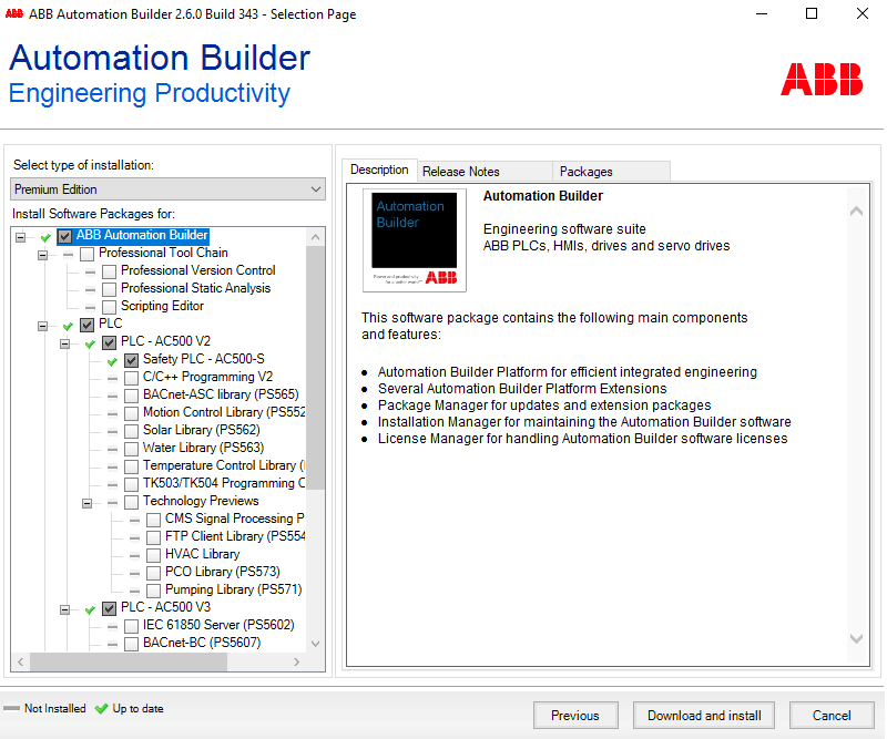 Schermata di installazione di Automation Builder ABB