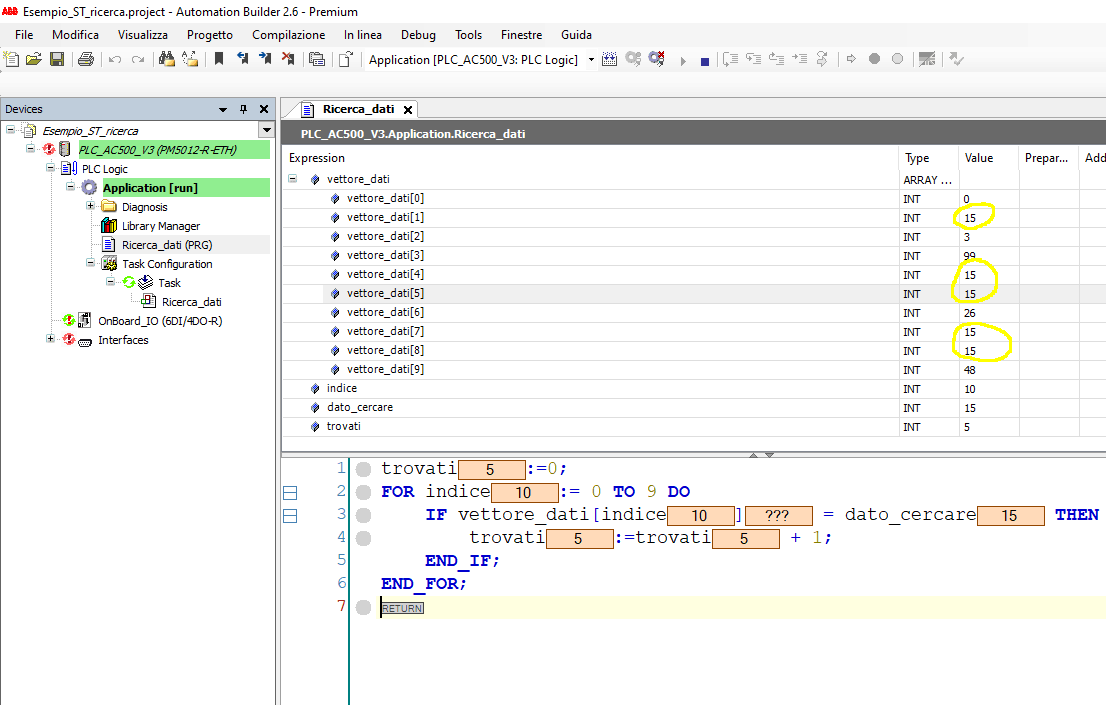 Schermata runtime programma ST per plc ABB