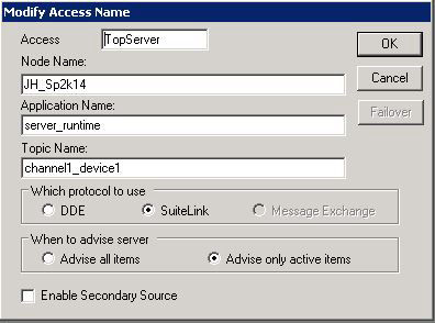 Configurazione degli access name per i canali di comunicazione SCADA