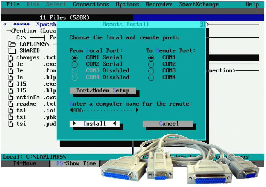 I cavi per il software LAPLINK per trasferimento di dati seriale tra computers e la schermata del programma