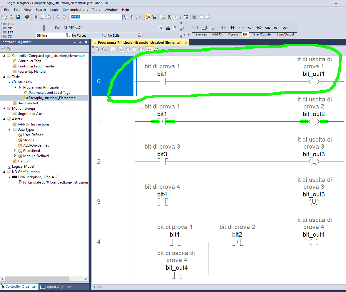 Schermata programma ladder: bobina normale e contatto aperto