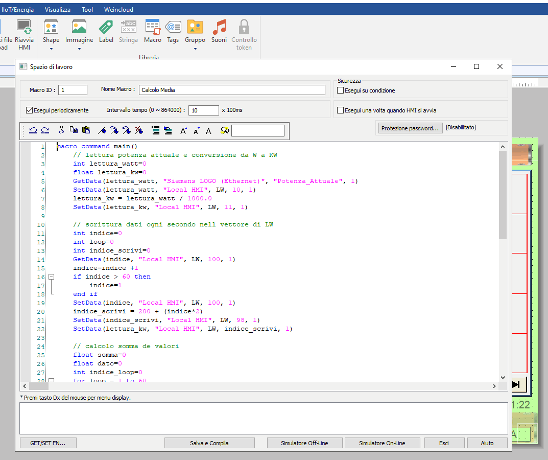 Schermata dell'editor delle macro (script) in EasyBuilder PRO