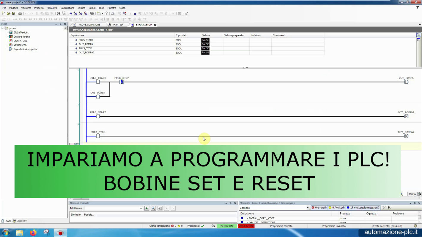 Programma di esempio per PLC: utilizzo bobine Set e Reset