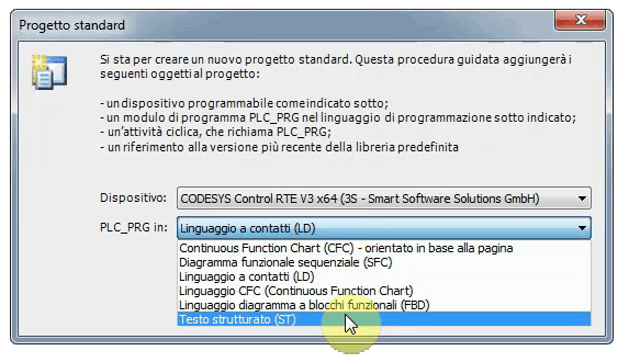 Schermata scelta linguaggio di programmazione Codesys PLC