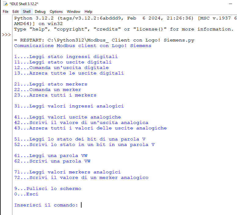 Menu dei comandi del programma client modbus in Python