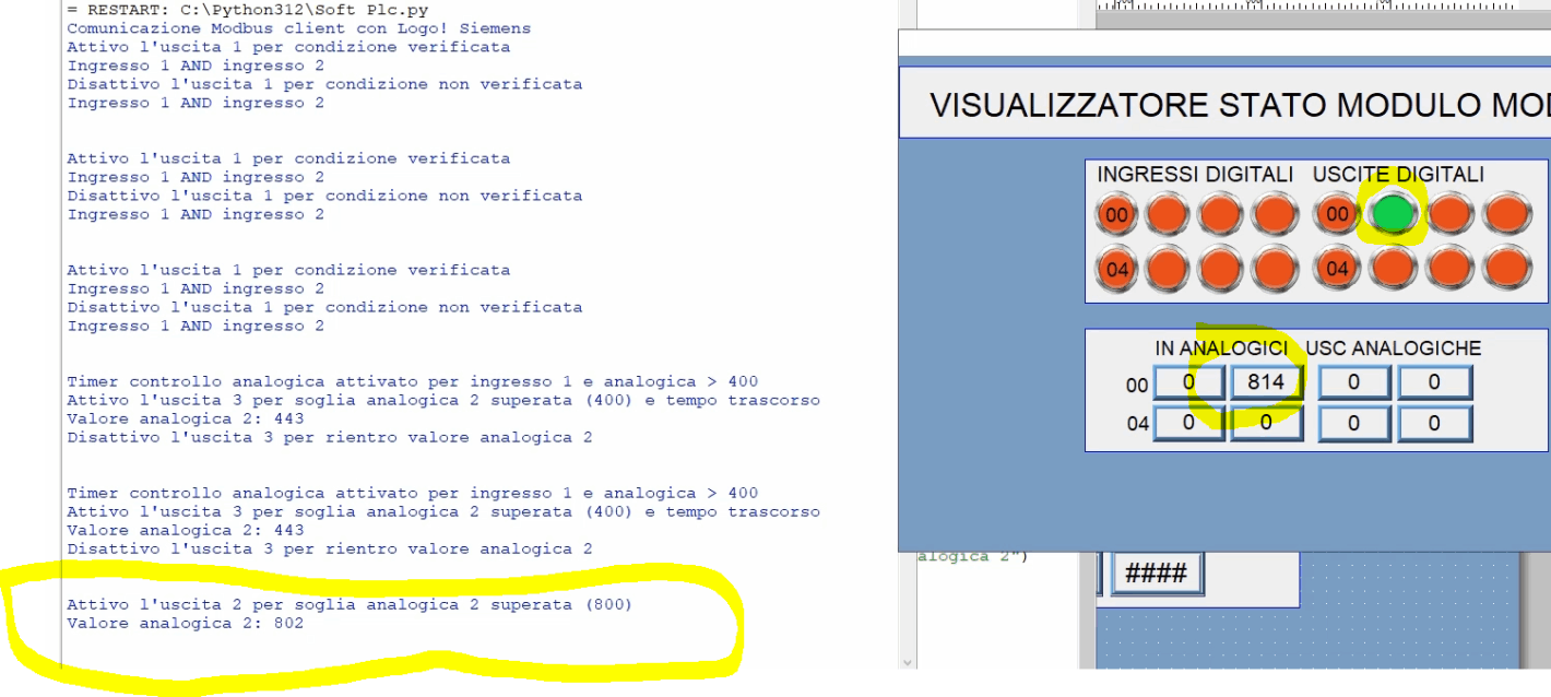 Schermata del runtime del programma python che gestisce un soft plc