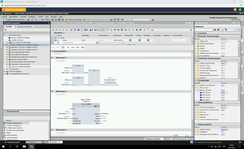 Schermata di TIA Portal Siemens per programmare il plc S7-1200