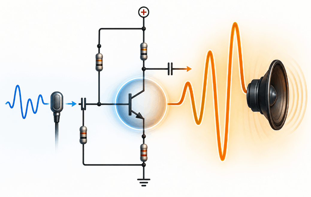 Transistor in un circuito amplificatore con microfono e altoparlante