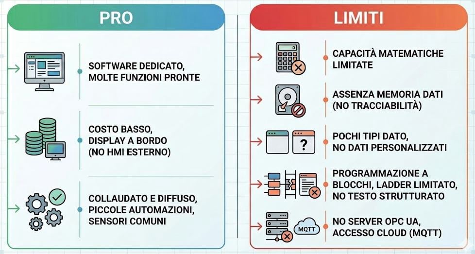 Tabella con PRO e LIMITI dell'utilizzo del LOGO! Siemens