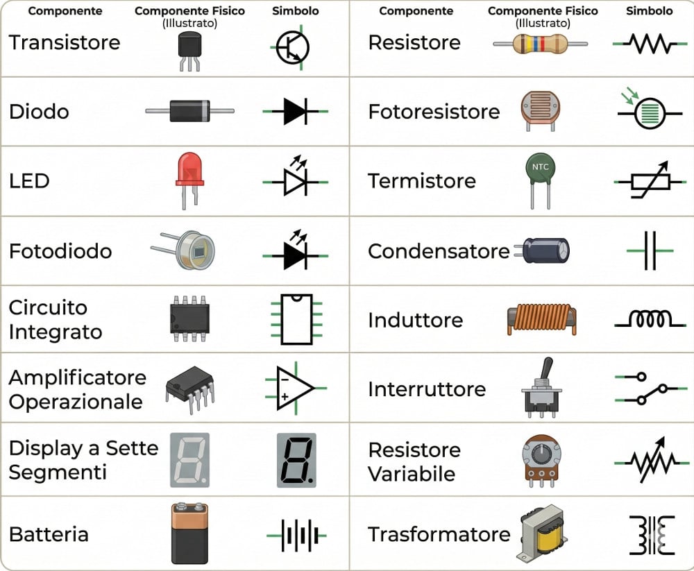 Tabella componenti elettronici attivi e passivi
