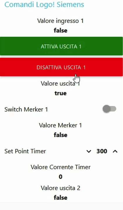 Schermata dashboard di Node-RED con dati letti e scritti su LOGO!