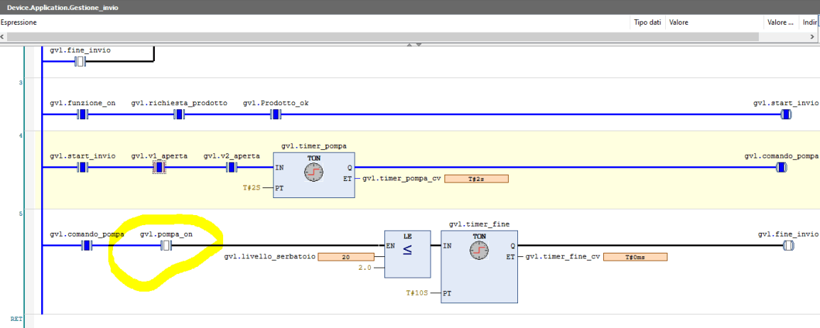 Schermata del software di un PLC