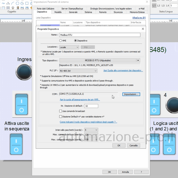 Schermata di EasyBuilder PRO dove configurare l'apparecchio MODBUS