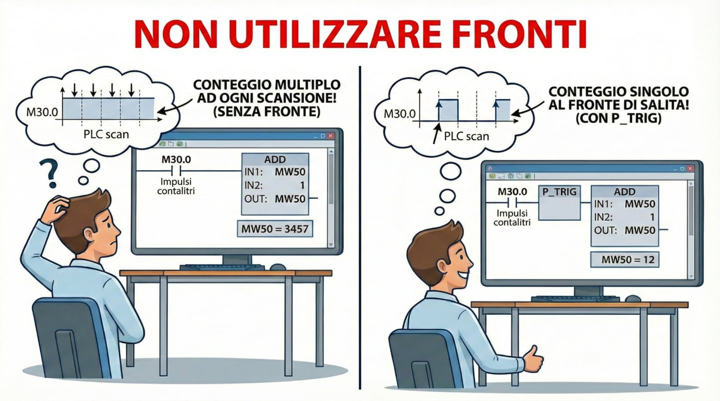 Esecuzione errata del programma PLC per non utilizzo fronti salita e discesa