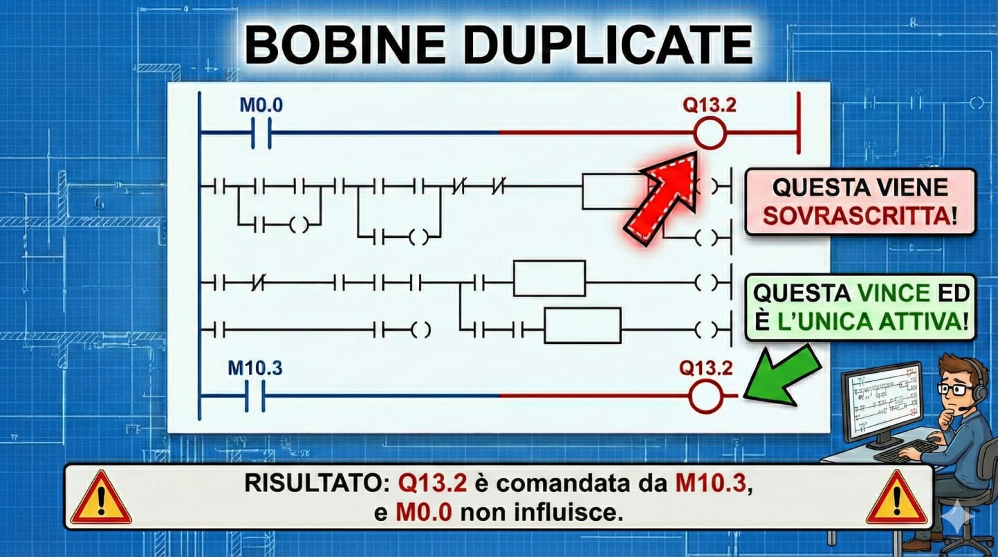 Programma ladder PLC con errore di bobine duplicate