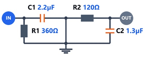 Circuito filtro passa banda con condensatori e resistenze