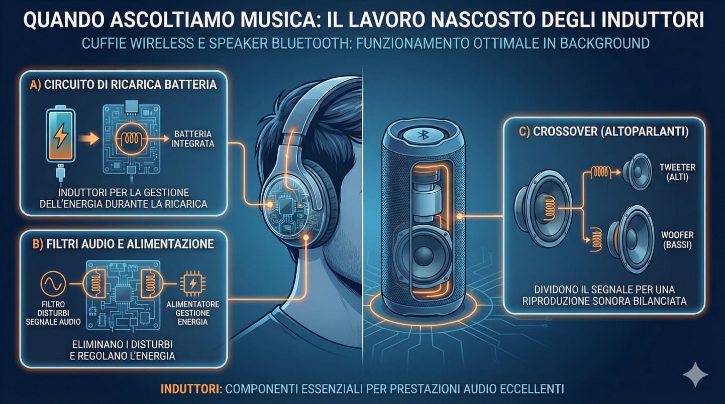 Induttori nei sistemi audio come altoparlanti e cuffie auricolari