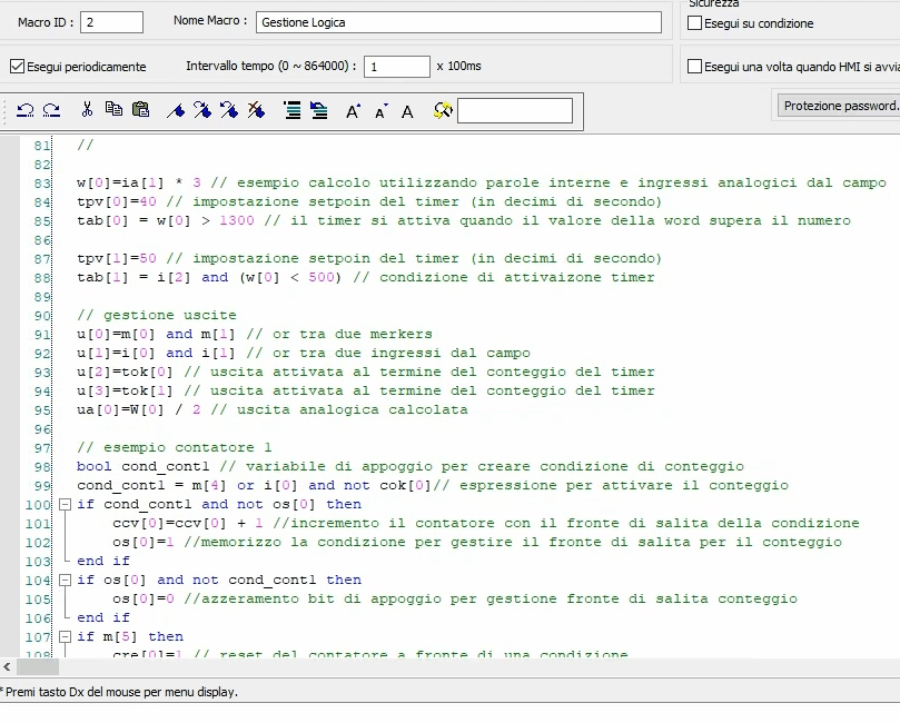 Editor delle macro nel pannello Weintek per implementare il soft-plc