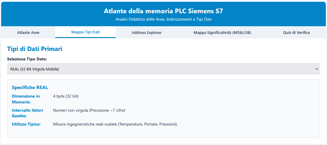 Schermata sezione dei tipi di dati nella memoria plc Siemens