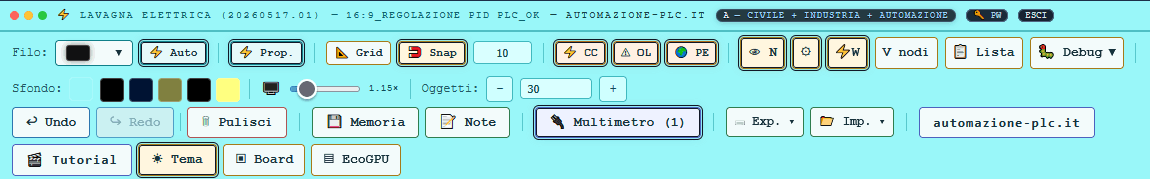 Menu comandi e settings del simulatore d'automazione industriale