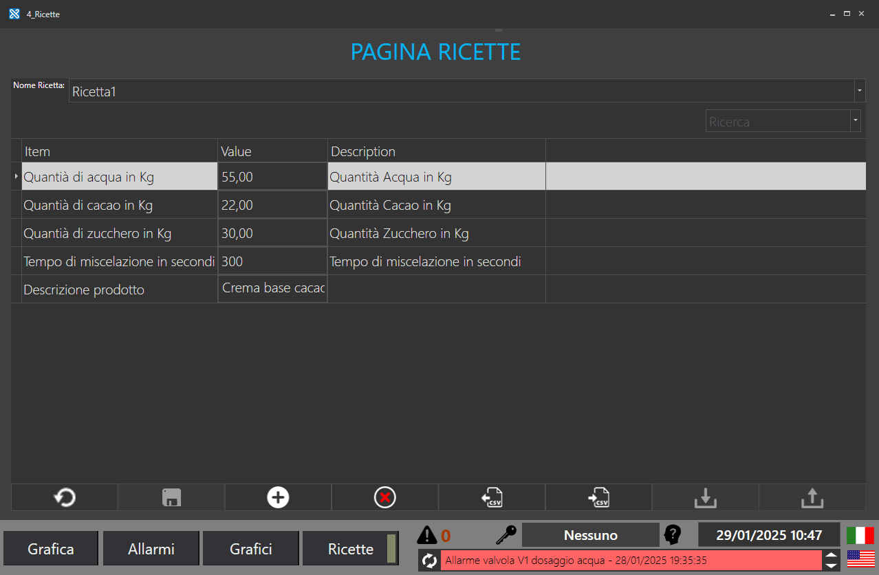 Sinottico con la gestione delle ricette e dei set di dati di Movicon.NExT