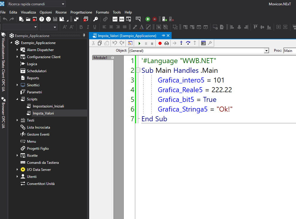 Schermata con uno script di Movicon.NExT
