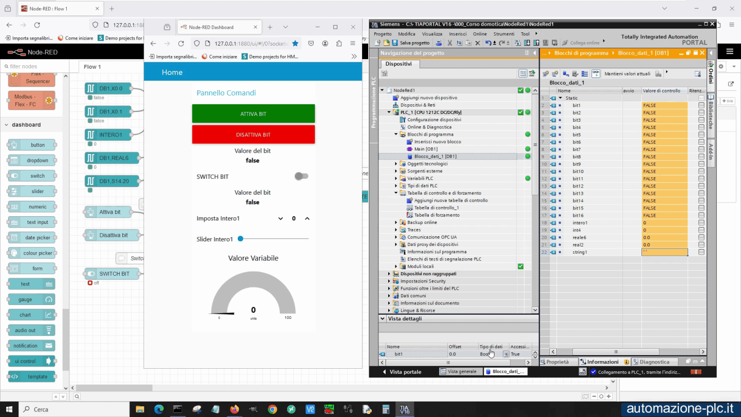 Schermata monitoraggio DB Siemens e dashboard HMI in node-red
