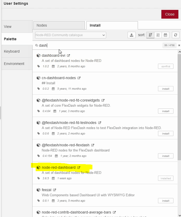 Installazione librerie Node-RED per disegnare dashboards