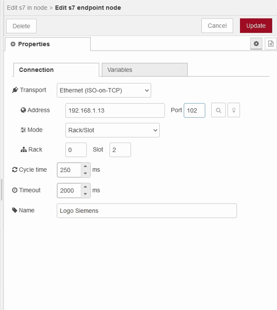 Configurazione connessione Node-RED e LOGO! Siemens