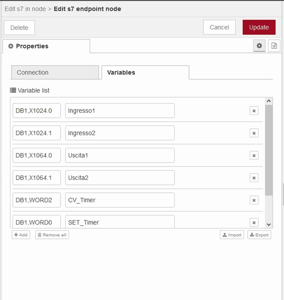 Configurazione variabili da leggere e scrivere con Node-RED
