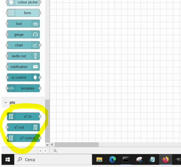 Menu comunicazione S7 di Node-RED