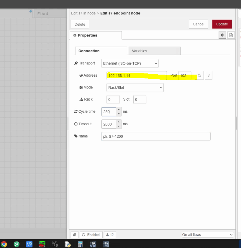 Schermata di configurazione connessione al PLC Siemens