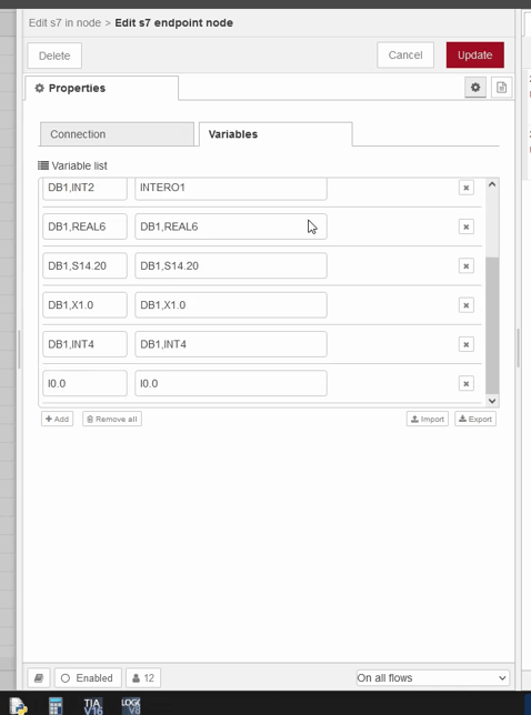 Schermata di configurazione variabili da leggere e scrivere nel plc Siemens