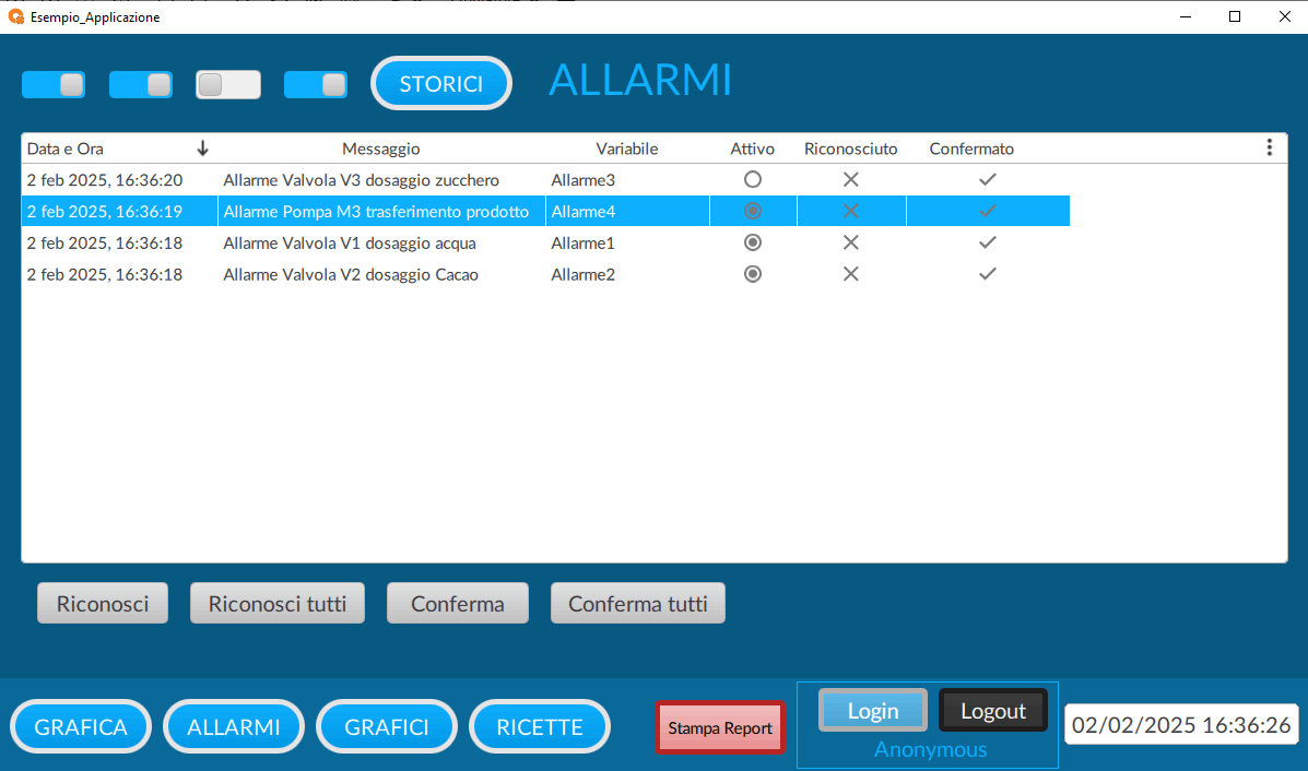 Schermata di visualizzazione allarmi in tempo reale e storici di FactoryTalk Optix