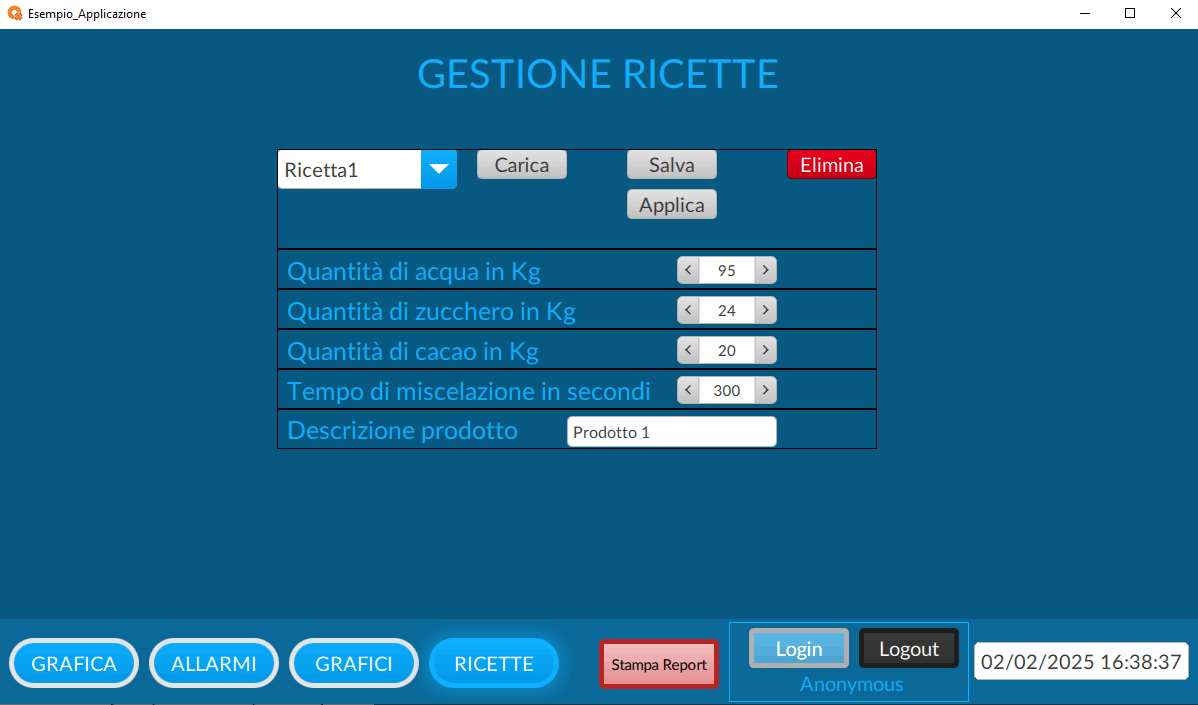 Sinottico con la gestione delle ricette e dei set di dati di FactoryTalk Optix