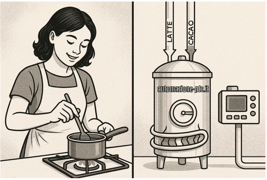 Una donna prepara una crema, e di fianco un sistema di preparazione con PLC