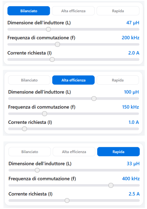 Pannello impostazione parametri del simulatore di induttore