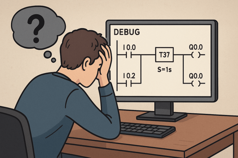 Programmatore di PLC che cerca gli errori nel sowftware