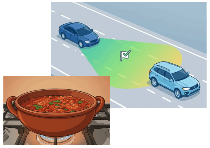 Veicoli su strada e pentola con sugo