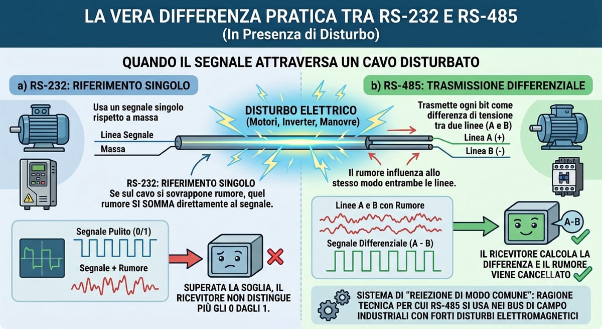 Differenza nella reazione ai disturbi di RS232 e RS485