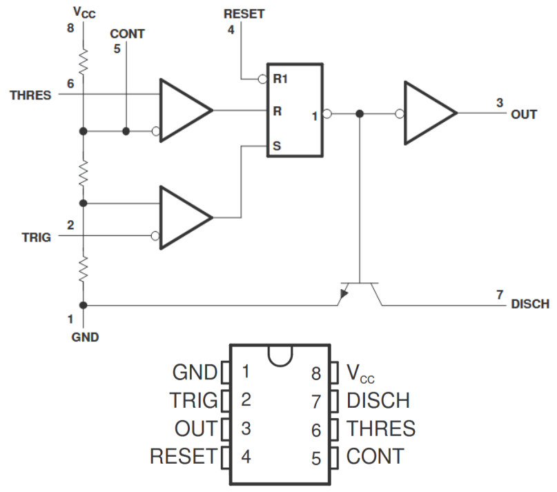 Schema del circuito integrato NE555 e schema dei pin