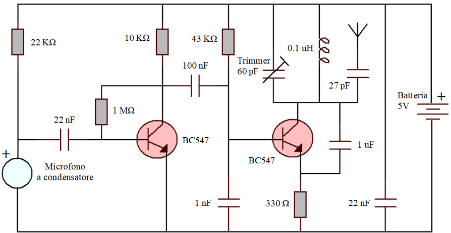 Schema circuito elettronico trasmettitore FM
