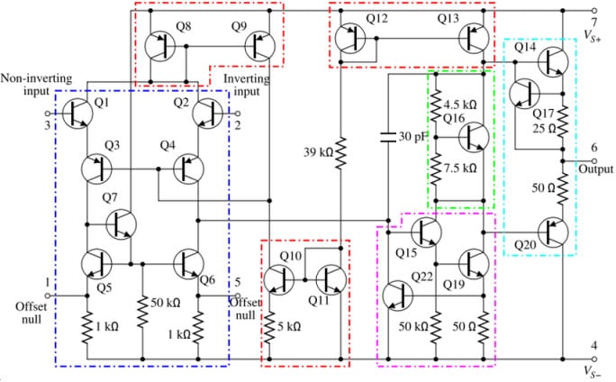 Schema elettrico di un circuito integrato amplificatore operazionale IC 741