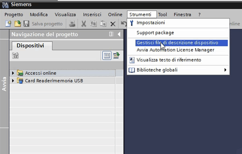 Schermata di Tia Portal e menu per aggiungere GSD