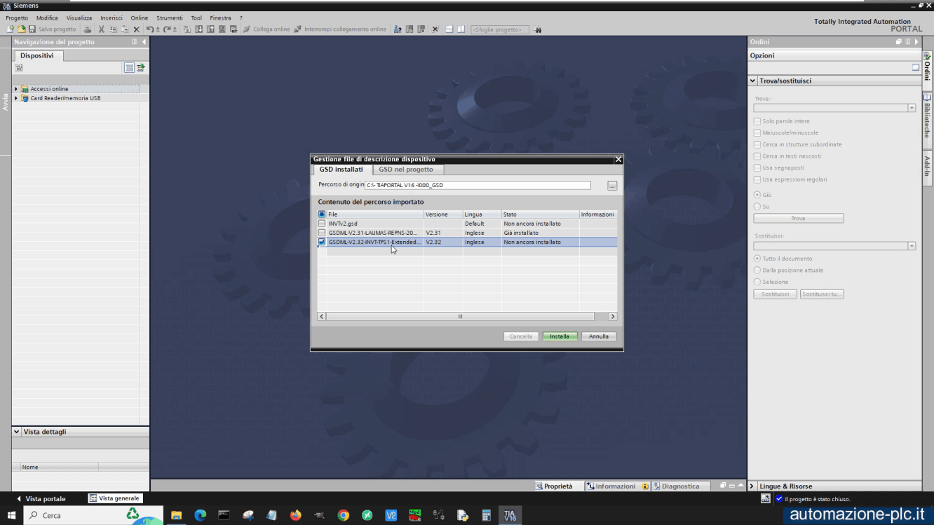 Schermata di Tia Portal in cui si sceglie la directory contenente il file GSD