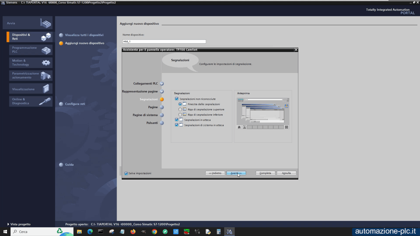 Tia Portal Siemens: wizard configurazione pannello HMI