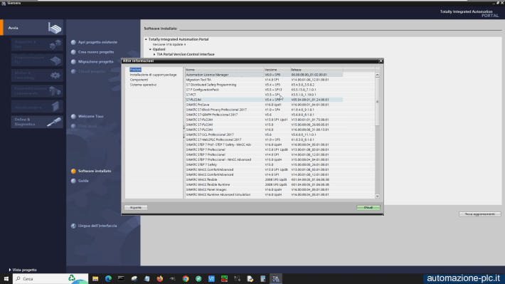 Dettagli software installato in Tia Portal Siemens