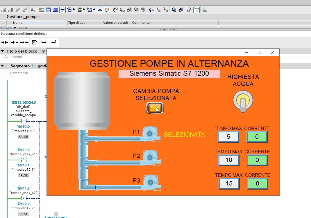 Sinottico impianto gestione pompe con plc Siemens