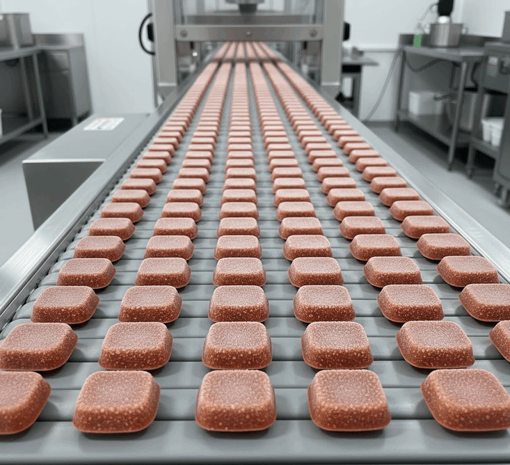 Pellets di sugo congelato in uscita dal tunnel congelatore