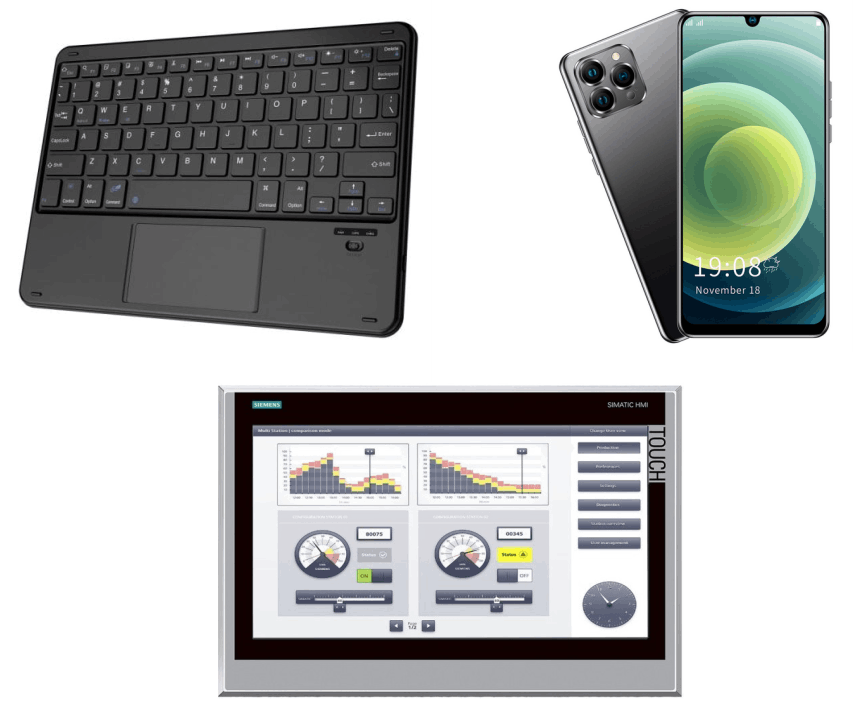 Tastiera del computer, smartphone e pannelli HMI